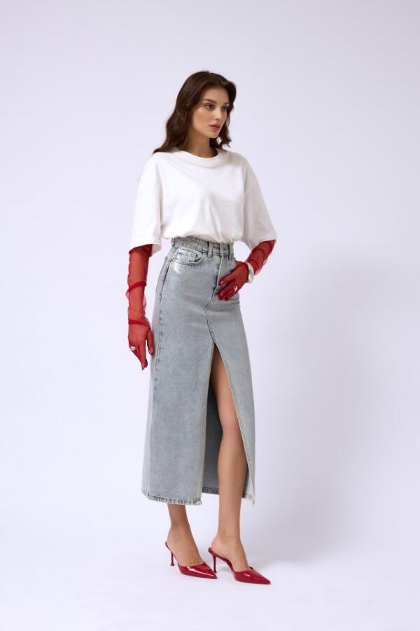 Varak Baskılı Yırtmaçlı Maxi Denim Etek - 2