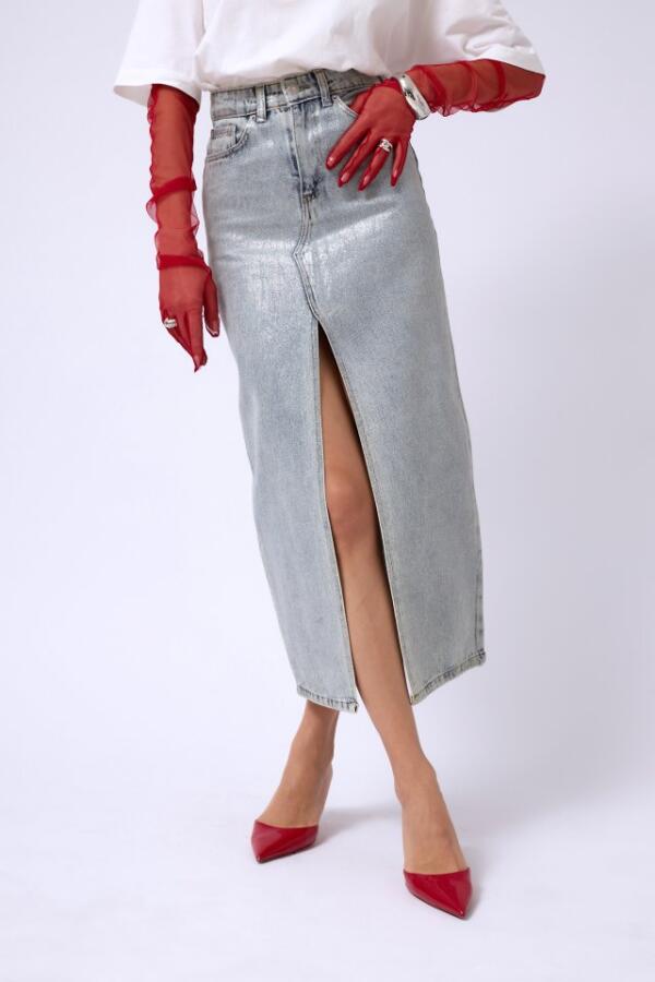 Varak Baskılı Yırtmaçlı Maxi Denim Etek - 3