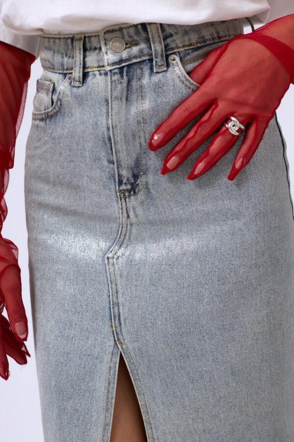 Varak Baskılı Yırtmaçlı Maxi Denim Etek - 4