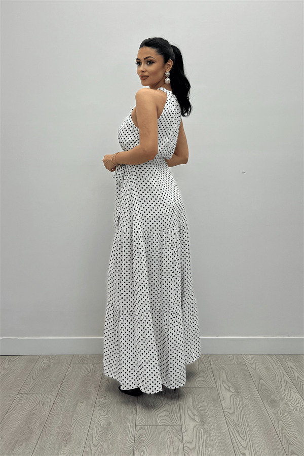 Viskon Kumas Puantiye Desenli Maxi Elbise - BEYAZ - 5