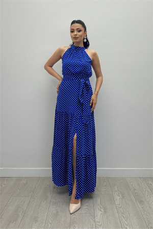 Viskon Kumas Puantiye Desenli Maxi Elbise - SAKS MAVİ - Angelino Moda