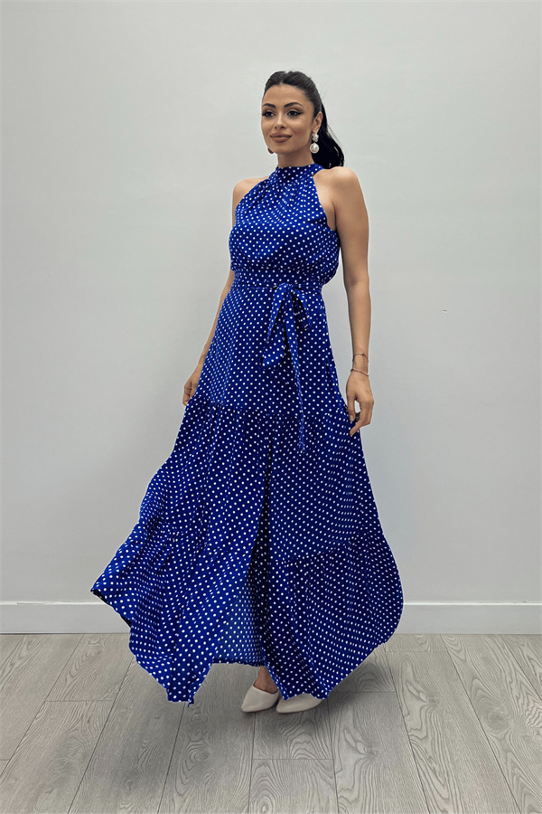 Viskon Kumas Puantiye Desenli Maxi Elbise - SAKS MAVİ - 2