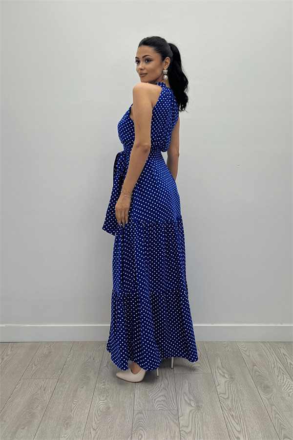Viskon Kumas Puantiye Desenli Maxi Elbise - SAKS MAVİ - 5