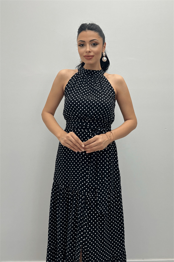 Viskon Kumas Puantiye Desenli Maxi Elbise - SİYAH - 3