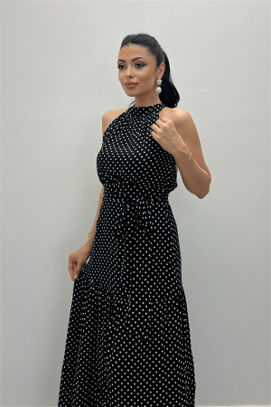 Viskon Kumas Puantiye Desenli Maxi Elbise - SİYAH - 4