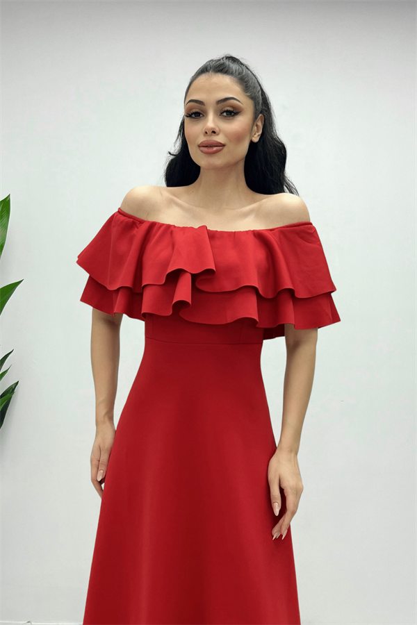 Volanlı Elbise - Kırmızı - 1