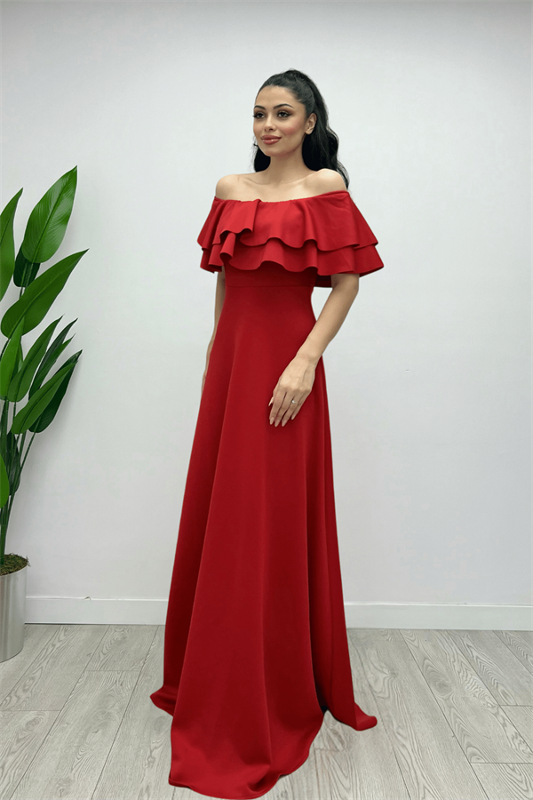 Volanlı Elbise - Kırmızı - 4