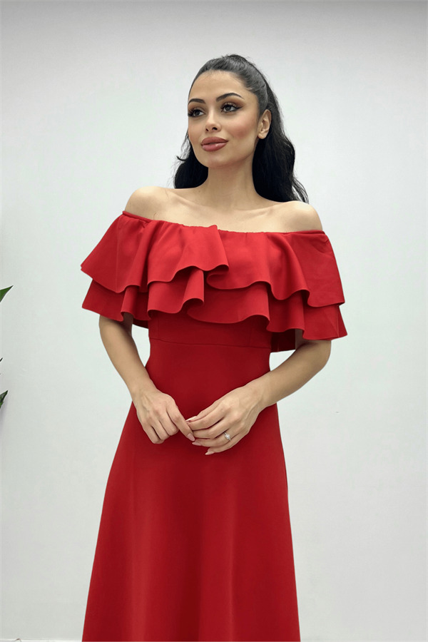 Volanlı Elbise - Kırmızı - 3