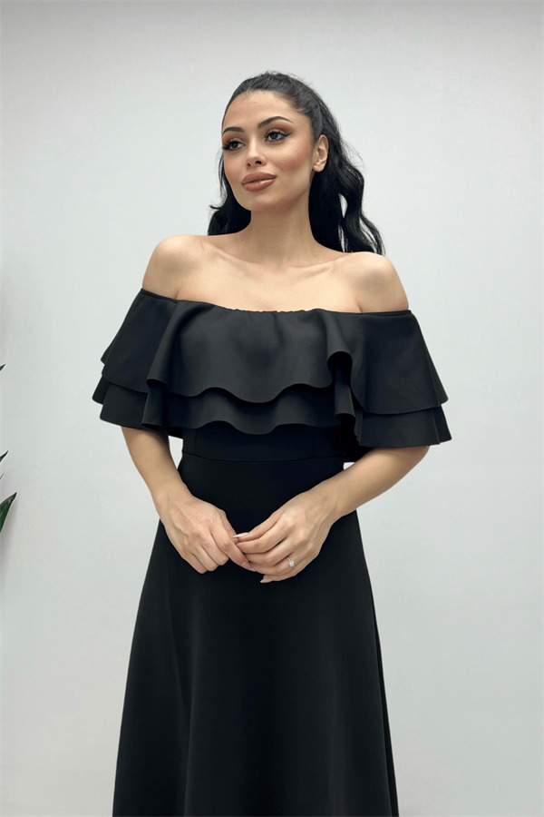 Volanlı Elbise - Siyah - 1