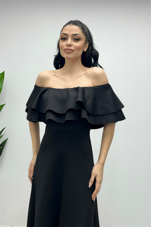 Volanlı Elbise - Siyah - 3