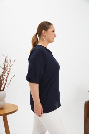 Volanlı V Yaka Kısa Kol Kadın Bluz Lacivert - RMG (1)