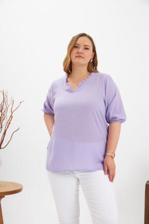 Volanlı V Yaka Kısa Kol Kadın Bluz Lila - RMG