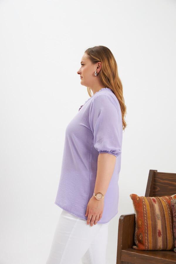 Volanlı V Yaka Kısa Kol Kadın Bluz Lila - 2