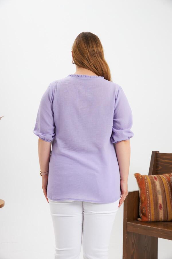 Volanlı V Yaka Kısa Kol Kadın Bluz Lila - 3