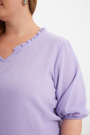 Volanlı V Yaka Kısa Kol Kadın Bluz Lila - 4