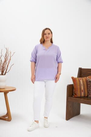 Volanlı V Yaka Kısa Kol Kadın Bluz Lila - 5