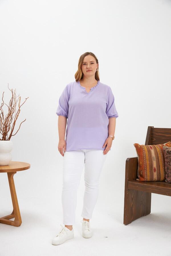 Volanlı V Yaka Kısa Kol Kadın Bluz Lila - 5