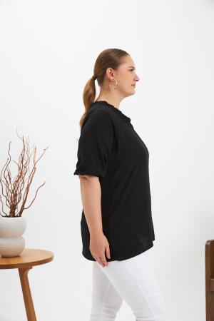 Volanlı V Yaka Kısa Kol Kadın Bluz Siyah - RMG (1)