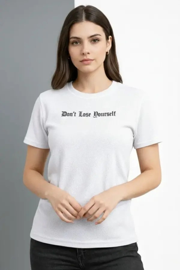 Wafıl Kumaş Tişört Regular Kalıp Bisiklet Yaka Baskılı Günlük Basic T-Shirt - Beyaz - 2
