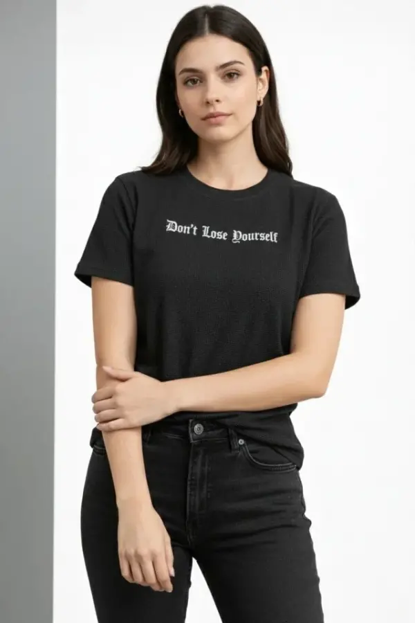 Wafıl Kumaş Tişört Regular Kalıp Bisiklet Yaka Baskılı Günlük Basic T-Shirt - Siyah - 1