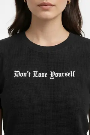 Wafıl Kumaş Tişört Regular Kalıp Bisiklet Yaka Baskılı Günlük Basic T-Shirt - Siyah - 4