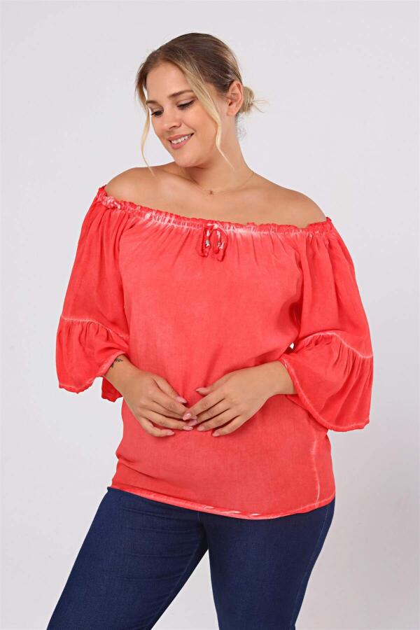 Washed Sleeve Flounce Plus Size Blouse Coral - 1