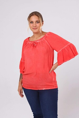 Washed Sleeve Flounce Plus Size Blouse Coral - 2