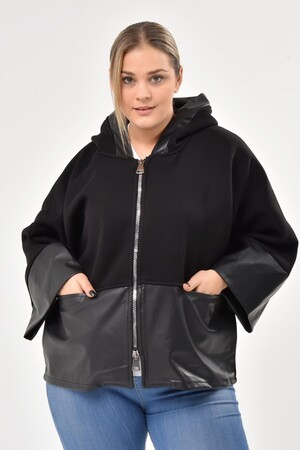 Plus Size Coat with Wide Leather Cuffs Black - 1