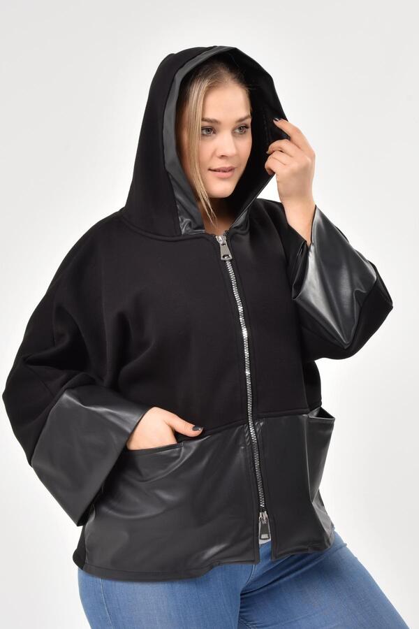 Plus Size Coat with Wide Leather Cuffs Black - 2