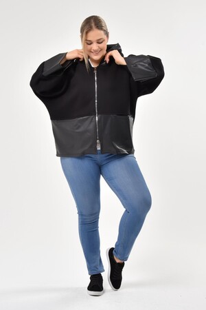 Plus Size Coat with Wide Leather Cuffs Black - 3