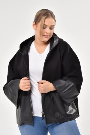 Plus Size Coat with Wide Leather Cuffs Black - 4