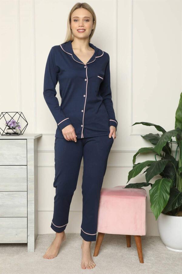 Women's 100% Cotton Combed Front Buttoned Long Sleeve Pajama Set 2713 - 1