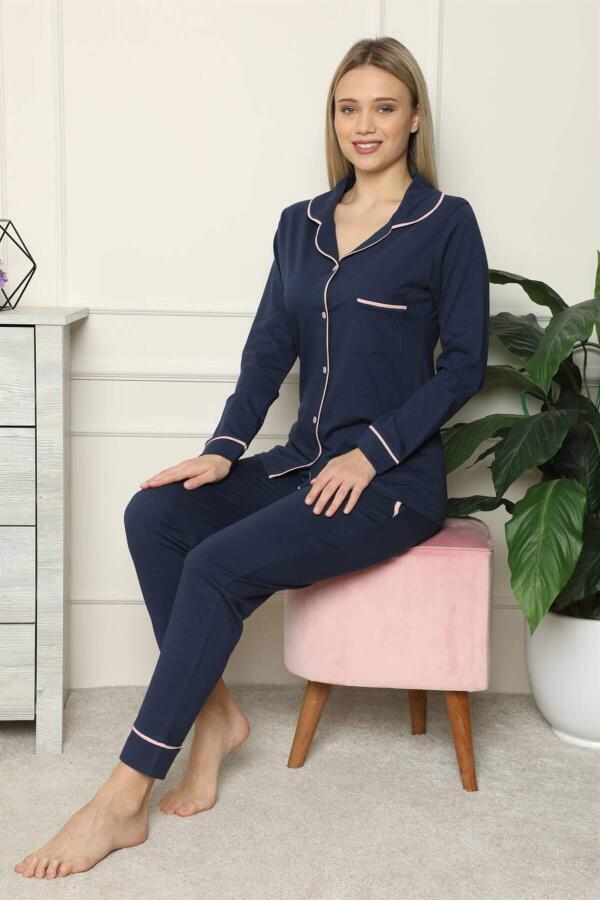 Women's 100% Cotton Combed Front Buttoned Long Sleeve Pajama Set 2713 - 3