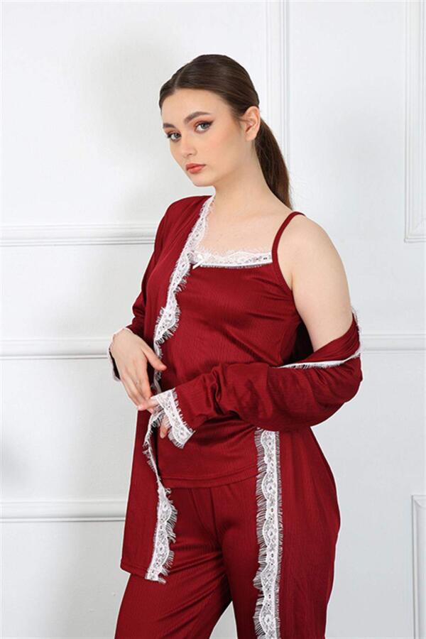 Women's 3-Piece Claret Red Dressing Gown Set 16108 - 3