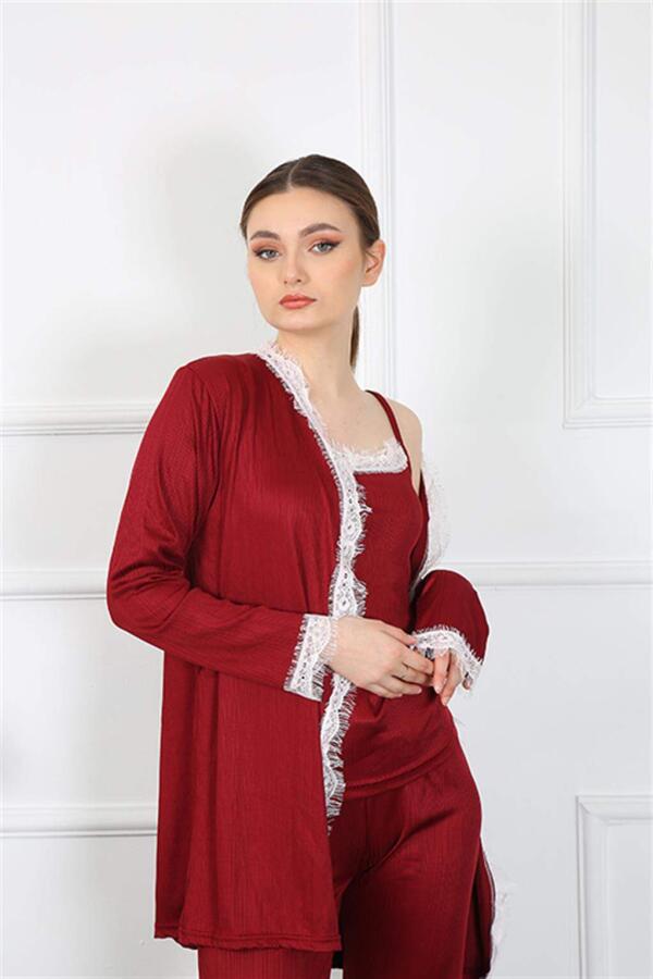Women's 3-Piece Claret Red Dressing Gown Set 16108 - 4