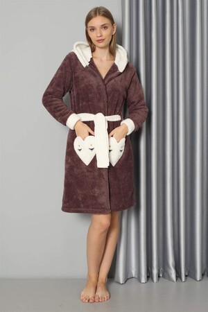 Women's Coffee Color Welsoft Fleece Dressing Gown 20573 - 1