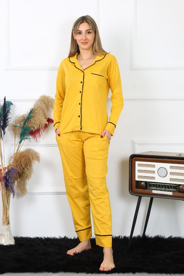 Women's Cotton Combed Cotton Front Buttoned Long Sleeve Yellow Pajama Set 2782 - 3