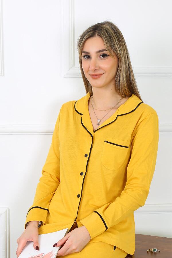 Women's Cotton Combed Cotton Front Buttoned Long Sleeve Yellow Pajama Set 2782 - 4