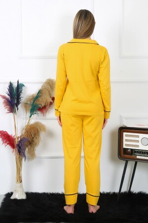 Women's Cotton Combed Cotton Front Buttoned Long Sleeve Yellow Pajama Set 2782 - 5