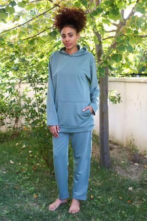 Angelino Underwear Women's Cotton Hooded 3 Thread Green Tracksuit with Pockets 9037 - 4