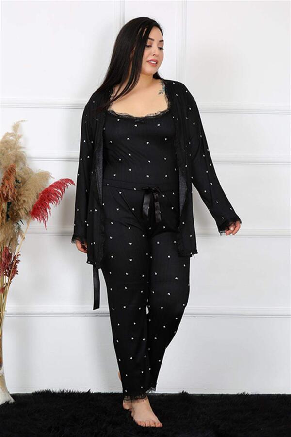 Women's Large Size Black 3-Piece Dressing Gown Set 7720 - 1