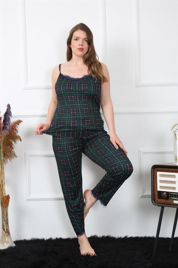 Women's Large Size Green Plaid Rope Strap Pajama Set 202197 - 3