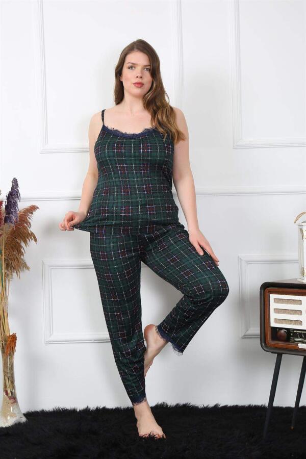 Women's Large Size Green Plaid Rope Strap Pajama Set 202197 - 3
