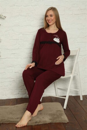 Women's Pregnant Maternity Claret Red Pajama Set 45201 - 2
