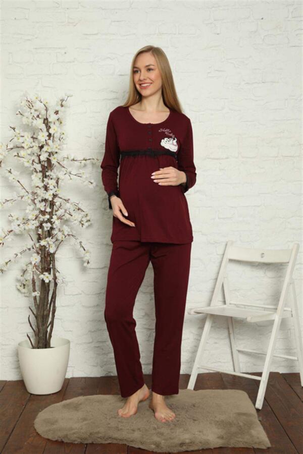 Women's Pregnant Maternity Claret Red Pajama Set 45201 - 4