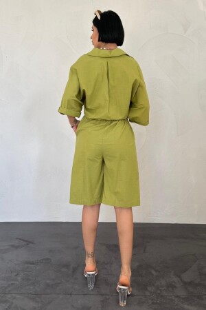 Yağ Yeşili Kısa Kollu Keten Gömlek Ve Şort Takım - 3