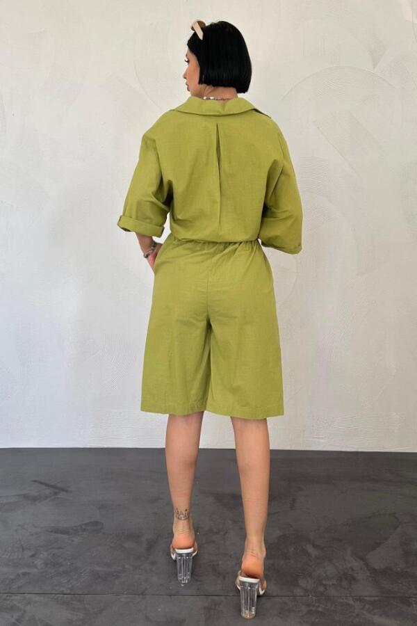 Yağ Yeşili Kısa Kollu Keten Gömlek Ve Şort Takım - 3