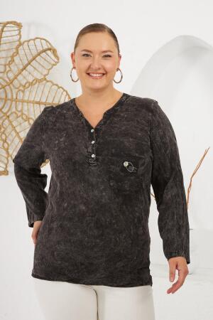 Yaka Arma Detaylı Büyük Beden Yıkamalı Bluz Siyah - RMG