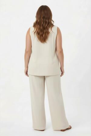 Yaka Boncuk Detaylı Kadın Büyük Beden Bluz Pantolon Takım Bej - 5