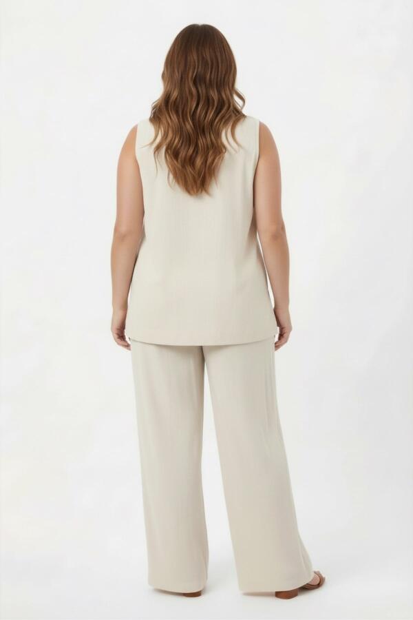 Yaka Boncuk Detaylı Kadın Büyük Beden Bluz Pantolon Takım Bej - 5